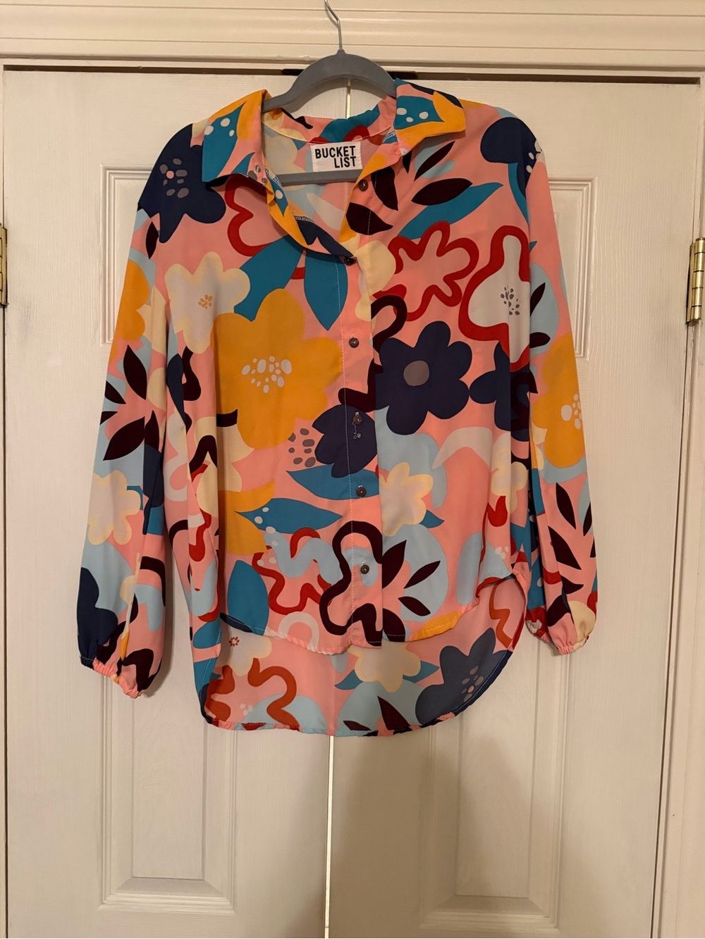 BUCKETLIST Button-Down Floral Blouse in Pink, Yellow, Blue & Navy